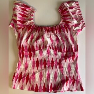 Pin Up Couture for Everybody, Size L, Pink Harlequin, Peasant Top. PUG. EUC